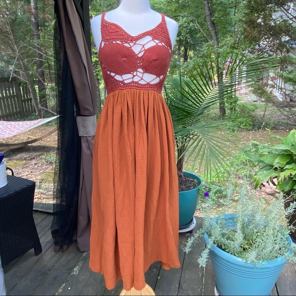 Anthropologie crochet gauze midi dress